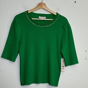 Nanette Lepore Green Ribbed Rhinestone Collar Sweater Top Womens XL NEW